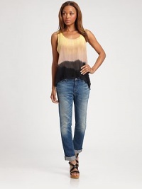 Pure tonal perfection, this tie-dyed, silk-rich scoopneck has a feather-light silhouette, slight racerback and trendy hi-low hem. ScoopneckSleevelessSemi-sheer hi-low hemRacerbackSilk with 96% modal/4% spandex trimDry cleanMade in USA of imported fabricModel shown is 5'11 (180cm) wearing US size Small. Pure tonal perfection, this tie-dyed, silk-rich scoopneck has a feather-light silhouette, slight racerback and trendy hi-low hem. ScoopneckSleevelessSemi-sheer hi-low hemRacerbackSilk with 96% modal/4% spandex trimDry cleanMade in USA of imported fabricModel shown is 5'11 (180cm) wearing US size Small.