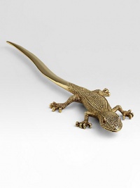 Textured brass gecko with smooth brass tail to open envelopes in style.Ruby Swarovski crystal eyes24 kt goldplate finish9.25 longImported Textured brass gecko with smooth brass tail to open envelopes in style.Ruby Swarovski crystal eyes24 kt goldplate finish9.25 longImported