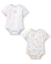 Pointy-eared bunnies adorn one bodysuit and contrast trim livens up the solid bodysuit in this two pack from Absorba.