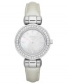 Simplicity as fashion-forward design, by DKNY. This leather watch lends a touch of subtle elegance with shimmering crystal accents.