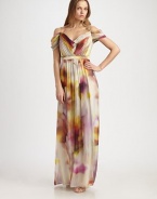 Artfully draped silk in an ethereal, colorful print, tailored with a prettily pleated bodice.Pleated V necklineSpaghetti strapsOff-the-shoulder cap sleevesBanded waistV back with concealed zipFully linedAbout 40 from natural waistSilkDry cleanImportedModel shown is 5'9½ (177cm) wearing US size 4. 