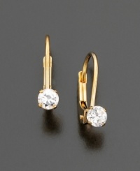 These adorable 14k gold earrings are adorned with a single sparkling 3mm cubic zirconia stone. These adorable 14k gold earrings are adorned with a single sparkling 3mm cubic zirconia stone.