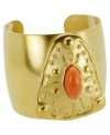 Take your style cues from another culture. T Tahari's stunning cuff bracelet from the Marrakesh Collection features an intricate textured setting and a coral resin stone. Set in gold tone mixed metal. Base metal is nickel-free for sensitive skin. Approximate diameter: 2-1/2 inches.