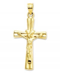 Inspire your look with a little faith. This intricate crucifix charm features a diamond-cut, reversible design. Crafted in 14k gold. Chain not included. Approximate length: 1 inch. Approximate width: 6/10 inch. Inspire your look with a little faith. This intricate crucifix charm features a diamond-cut, reversible design. Crafted in 14k gold. Chain not included. Approximate length: 1 inch. Approximate width: 6/10 inch.