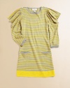 Chic puffed shoulders adorn this bright knit dress, complete with patch pockets and contrasting shoulder buttons.CrewneckLong puffed sleevesShoulder buttonsRib-knit crewneck, cuffs and hemTwo front patch pockets55% cotton/45% linenMachine washImported