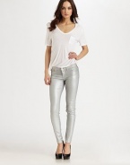 Coated metallic denim gives this fitted style look of liquid leggings all in an easy five-pocket silhouette.THE FITSkinny fitRise, about 8Inseam, about 28THE DETAILSZip flyTwo pockets64% cotton/32% polyester/4% LycraDry cleanMade in USA of imported fabricModel shown is 5'10 (177cm) wearing US size 4.