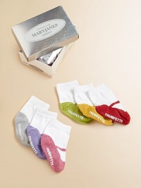 Six pairs of colorful Mary Jane socks packaged in a striking, metallic box.80% cotton/17% acrylic/3% spandexMachine washImportedAdditional InformationKid's Shoe Size Guide (European Equivalent) Six pairs of colorful Mary Jane socks packaged in a striking, metallic box.80% cotton/17% acrylic/3% spandexMachine washImportedAdditional InformationKid's Shoe Size Guide (European Equivalent)