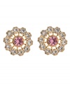 Perfect your look with chic circles packed with sparkle. These intricate studs by Betsey Johnson feature a pink crystal center stone surrounded by round-cut clear crystals. Set in antique gold tone mixed metal. Approximate diameter: 1 inch.