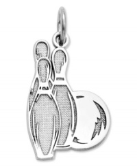 The perfect strike! This cute charm features three bowling pins and a bowling ball, all in polished and textured 14k white gold. Chain not included. Approximate length: 9/10 inch. Approximate width: 1/2 inch. The perfect strike! This cute charm features three bowling pins and a bowling ball, all in polished and textured 14k white gold. Chain not included. Approximate length: 9/10 inch. Approximate width: 1/2 inch.