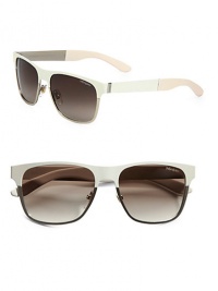This contemporary, steel design features a flat metal frame with rubber temple tips. Available in matte white frames with brown gradient lenses.MetalLogo temples100% UV ProtectionMade in Italy This contemporary, steel design features a flat metal frame with rubber temple tips. Available in matte white frames with brown gradient lenses.MetalLogo temples100% UV ProtectionMade in Italy