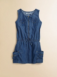 Denim gets a snazzy update in this ultra-cool, lightweight cotton, sleeveless frock with plenty of zippers and pockets.ScoopneckSleevelessFront zipperFront chest pocketsSide besom pockets with zippersElastic waistband with drawstring detailCottonMachine washImported Denim gets a snazzy update in this ultra-cool, lightweight cotton, sleeveless frock with plenty of zippers and pockets.ScoopneckSleevelessFront zipperFront chest pocketsSide besom pockets with zippersElastic waistband with drawstring detailCottonMachine washImported