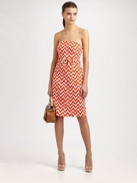 Constructed in a vivacious, zig-zag print, this strapless sheath has an attached belt, back slit and a length that hits right above the knee. StraplessAttached beltBack zipperBack slitAbout 23 from natural waistCottonDry cleanMade in USA of Italian fabricModel shown is 5'10 (177cm) wearing US size 2. Constructed in a vivacious, zig-zag print, this strapless sheath has an attached belt, back slit and a length that hits right above the knee. StraplessAttached beltBack zipperBack slitAbout 23 from natural waistCottonDry cleanMade in USA of Italian fabricModel shown is 5'10 (177cm) wearing US size 2.