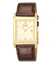 Brown leather strap and gold tone case are paired for unparalleled elegance on this Eco-Drive Citizen watch. Brown leather strap and gold tone case are paired for unparalleled elegance on this Eco-Drive Citizen watch.