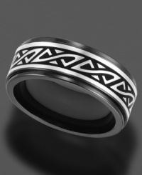 Add some spice to your look with this black and silvertone titanium ring. 8 mm bad. Sizes 8-15. Add some spice to your look with this black and silvertone titanium ring. 8 mm bad. Sizes 8-15.