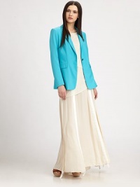 A sophisticated take on the classic single-button blazer, long and lean and chic.Foldover necklineSingle button closurePrincess seamsFlap pocketsBack ventAbout 27 from shoulder to hem80% polyamide/20% elastaneDry cleanMade in USA of imported fabricModel shown is 5'9 (175cm) wearing US size 4. A sophisticated take on the classic single-button blazer, long and lean and chic.Foldover necklineSingle button closurePrincess seamsFlap pocketsBack ventAbout 27 from shoulder to hem80% polyamide/20% elastaneDry cleanMade in USA of imported fabricModel shown is 5'9 (175cm) wearing US size 4.