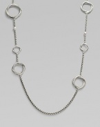From the Infinity Collection. A signature Yurman box chain of sterling silver is gracefully stationed with cable-and-smooth interlocking rings and sprinkled with tiny white pearls. 5.5mm white cultured freshwater pearls Sterling silver Length, about 44 Toggle closure Imported
