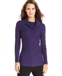Shimmering metallic flecks lend this cowlneck sweater from Alfani a touch of luxe.