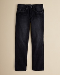 GUESS' slim fit Brit Rocker jean is rendered in Night Vision wash for an edgy denim look that creates a cool foundation for his casual wardrobe. GUESS' slim fit Brit Rocker jean is rendered in Night Vision wash for an edgy denim look that creates a cool foundation for his casual wardrobe.