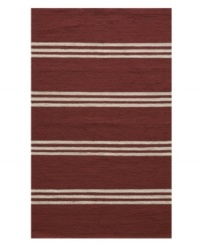 Retro red stripes add instantly livability to any outdoor space. Hand-hooked polypropylene is surprisingly soft, enduringly bright and always easy to clean -- just hose it down and enjoy years of unique style. Retro red stripes add instantly livability to any outdoor space. Hand-hooked polypropylene is surprisingly soft, enduringly bright and always easy to clean -- just hose it down and enjoy years of unique style.