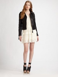 This edgy-chic jacket made of butter-soft washed lamb's leather is the ultimate wardrobe essential. Notch collarAsymmetrical front double zipperLong sleeves with zipper detailsAbout 19 from shoulder to hemWashed lamb leatherDry cleanImportedModel shown is 5'10 (177cm) wearing US size Small. This edgy-chic jacket made of butter-soft washed lamb's leather is the ultimate wardrobe essential. Notch collarAsymmetrical front double zipperLong sleeves with zipper detailsAbout 19 from shoulder to hemWashed lamb leatherDry cleanImportedModel shown is 5'10 (177cm) wearing US size Small.
