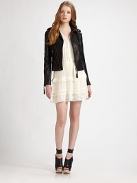 This edgy-chic jacket made of butter-soft washed lamb's leather is the ultimate wardrobe essential. Notch collarAsymmetrical front double zipperLong sleeves with zipper detailsAbout 19 from shoulder to hemWashed lamb leatherDry cleanImportedModel shown is 5'10 (177cm) wearing US size Small.