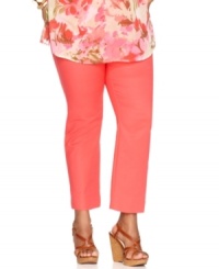Snag a slender looking shape with Charter Club's slim leg plus size pants, featuring a built-in control panel. Snag a slender looking shape with Charter Club's slim leg plus size pants, featuring a built-in control panel.
