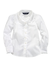 A traditional button-down shirt is accented with pretty lace trim and an embroidered collar. A traditional button-down shirt is accented with pretty lace trim and an embroidered collar.