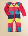 A precious little one-piece for baby in a snap-front silhouette with a rainbow of colorful stripes.V-neckRuffled shouldersLayered-look long sleevesSnap front and bottom50% cotton/50% modalMachine washImported Please note: Number of snaps may vary depending on size ordered. 