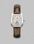 From the Urban Collection. A brilliant diamond accented design with a beautiful textured dial on a glossy patent leather strap. Swiss quartz movementWater resistant to 5 ATMRectangular stainless steel case, 29mm (1.1) X 35mm (1.4)Smooth bezelTextured enamel dialDiamond accented markers, .09 tcwSecond hand sub-dialBrown patent leather strap, 16mm (.6)Imported