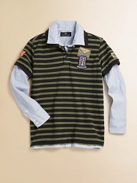 Colorful patches add cool style to this striped polo with an inner woven shirt for a layered look. Point collarLong sleeves with button cuffsFront button placketPatches on front, sleeves and backStitched detail at hemCottonMachine washImported Colorful patches add cool style to this striped polo with an inner woven shirt for a layered look. Point collarLong sleeves with button cuffsFront button placketPatches on front, sleeves and backStitched detail at hemCottonMachine washImported
