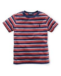 A classic tee is updated in striped jersey-knit cotton with an embroidered pony for heritage style. A classic tee is updated in striped jersey-knit cotton with an embroidered pony for heritage style.