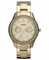 A steel watched soaked in golden sun from Fossil's Stella collection.