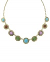 Color your world. 2028's vibrant adjustable necklace features cabochon stones in turquoise, carnelian red, amethyst purple and jade green. Set in gold tone mixed metal. Approximate length: 16 inches + 3-inch extender.