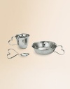 Finding inspiration from the imagery that floats around classic storytelling, this heirloom collection of hand-forged, hammered stainless steel is destined to remain in the family for generations to come. Set includes a cup, bowl and spoon and arrives in a black gift box. From the Heart CollectionBox, 10W X 6¼H X 3½DCup, 2½H X 3½ diam.Bowl, 4½H X 6 diam.Spoon, 4 longHand washImported