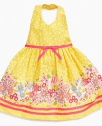 Add a little bling to her day. Metallic dots add extra flair to a fun, floral halter dress from Blueberi Boulevard designed to make her stand out. Add a little bling to her day. Metallic dots add extra flair to a fun, floral halter dress from Blueberi Boulevard designed to make her stand out.