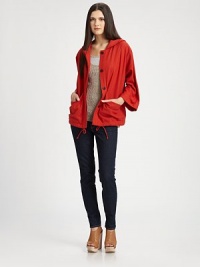 Dramatically draped silk topper has an attached hood, kimono sleeves and a drawstring hem for a tailored fit. Attached hoodHidden button frontLong kimono sleevesSlash pocketsDrawstring hemFully linedAbout 26 from shoulder to hemSilkDry cleanMade in USAModel shown is 5'9 (175cm) wearing US size Small. Dramatically draped silk topper has an attached hood, kimono sleeves and a drawstring hem for a tailored fit. Attached hoodHidden button frontLong kimono sleevesSlash pocketsDrawstring hemFully linedAbout 26 from shoulder to hemSilkDry cleanMade in USAModel shown is 5'9 (175cm) wearing US size Small.