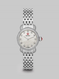 From the CSX Collection. A sleek stainless steel design with dazzling diamond accented case, bezel and markers. Swiss quartz movementWater resistant to 5 ATMRound, diamond accented stainless steel case, 26mm (1)Diamond bezelMother-of-pearl dialDiamond hour markersDiamonds, 1.1 tcwStainless steel link bracelet, 12mm wide (0.5)Imported