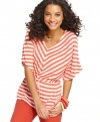 Chevron stripes and fluid knit jersey makes Cha Cha Vente's drawstring tunic top ideal for summer fun!