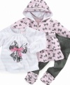 Cover your darling diva in accessories with this precious 3-piece bow-graphic shirt, hoodie and pant set from Nannette.