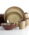 Sango puts the focus on casual tables with this eye-catching dinnerware set. Rays of chestnut and tan on ultra-glossy stoneware turn ordinary meals into true works of art.