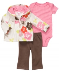 Gather these sweet prints for a precious outfit that will keep her comfy and cute with this 3-piece bodysuit, hoodie and pant set from Carter's. Gather these sweet prints for a precious outfit that will keep her comfy and cute with this 3-piece bodysuit, hoodie and pant set from Carter's.