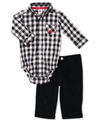 All aboard! He'll be ready to conduct business in this handsome plaid bodysuit and corduroy pant set from Carter's. All aboard! He'll be ready to conduct business in this handsome plaid bodysuit and corduroy pant set from Carter's.