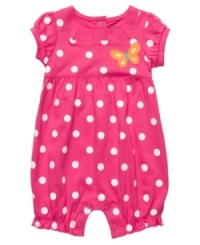This Carters romper really hits the spot. Cute ruffle detail at the hem adds sweet style while saps on the bottom and in the back make getting dressed easy. This Carters romper really hits the spot. Cute ruffle detail at the hem adds sweet style while saps on the bottom and in the back make getting dressed easy.