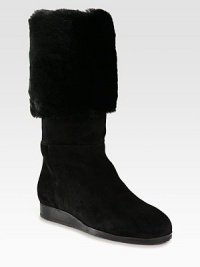 Luxe Italian rabbit fur pairs with Italian suede in this cozy fold-over design. Wedge heel, ¾ (20mm)Shaft, 12Leg circumference, 15Rabbit fur and suede upperLeather liningRubber solePadded insoleMade in Italy Luxe Italian rabbit fur pairs with Italian suede in this cozy fold-over design. Wedge heel, ¾ (20mm)Shaft, 12Leg circumference, 15Rabbit fur and suede upperLeather liningRubber solePadded insoleMade in Italy
