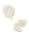 A preppy cable knit lends timeless polish to a hat-and-mitten set rendered in soft merino wool.