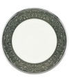 Contrast the taupe-and-white palette of Silver Palace dinnerware with this graphite-colored accent plate. Noritake bone china is lavishly finished with textured detailing and polished platinum bands for an impressive formal table.