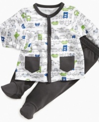 Whether he's traveling by trains, planes or automobiles, he'll be comfy and cozy in this fun shirt and footed pant set from First Impressions. Whether he's traveling by trains, planes or automobiles, he'll be comfy and cozy in this fun shirt and footed pant set from First Impressions.