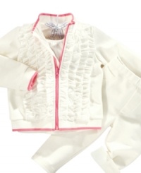Pretty up her sporty side with this cute shirt, jacket and pant set from First Impressions. Pretty up her sporty side with this cute shirt, jacket and pant set from First Impressions.