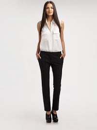 Lightweight wool crepe articulated in a fine herringbone pattern, sleek and tailored for a slim straight-leg silhouette.Tab-front waistBelt loopsZip-flySlash pocketsBack welt pocketsRise, about 8Inseam, about 3050% wool/37% acrylic/13% nylonDry cleanMade in USA of Italian fabricModel shown is 5'10½ (179cm) wearing US size 4. Lightweight wool crepe articulated in a fine herringbone pattern, sleek and tailored for a slim straight-leg silhouette.Tab-front waistBelt loopsZip-flySlash pocketsBack welt pocketsRise, about 8Inseam, about 3050% wool/37% acrylic/13% nylonDry cleanMade in USA of Italian fabricModel shown is 5'10½ (179cm) wearing US size 4.