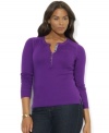 Lauren Ralph Lauren's classic crewneck plus size Henley is accented by unexpected elements of chambray at the placket and a charming patch pocket